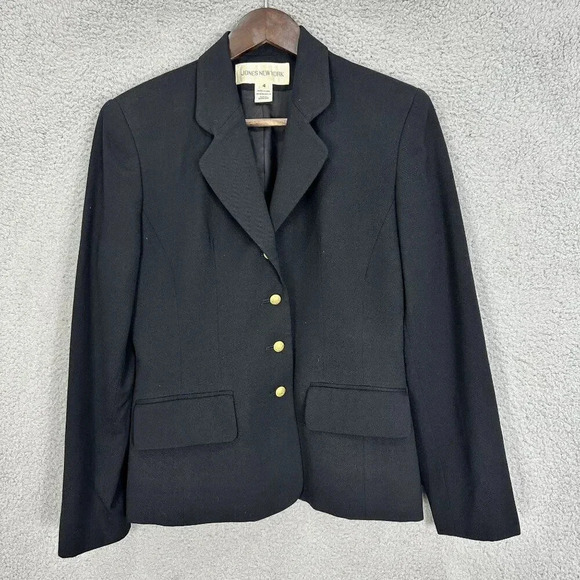 Vintage blazer womens 4‎ black wool jones new york gold buttons retro glam twee - Picture 1 of 9